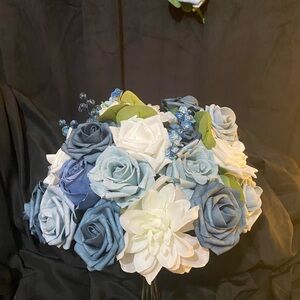 Dusty Blue, Navy and white Wedding Bouquet with matching boutonnière